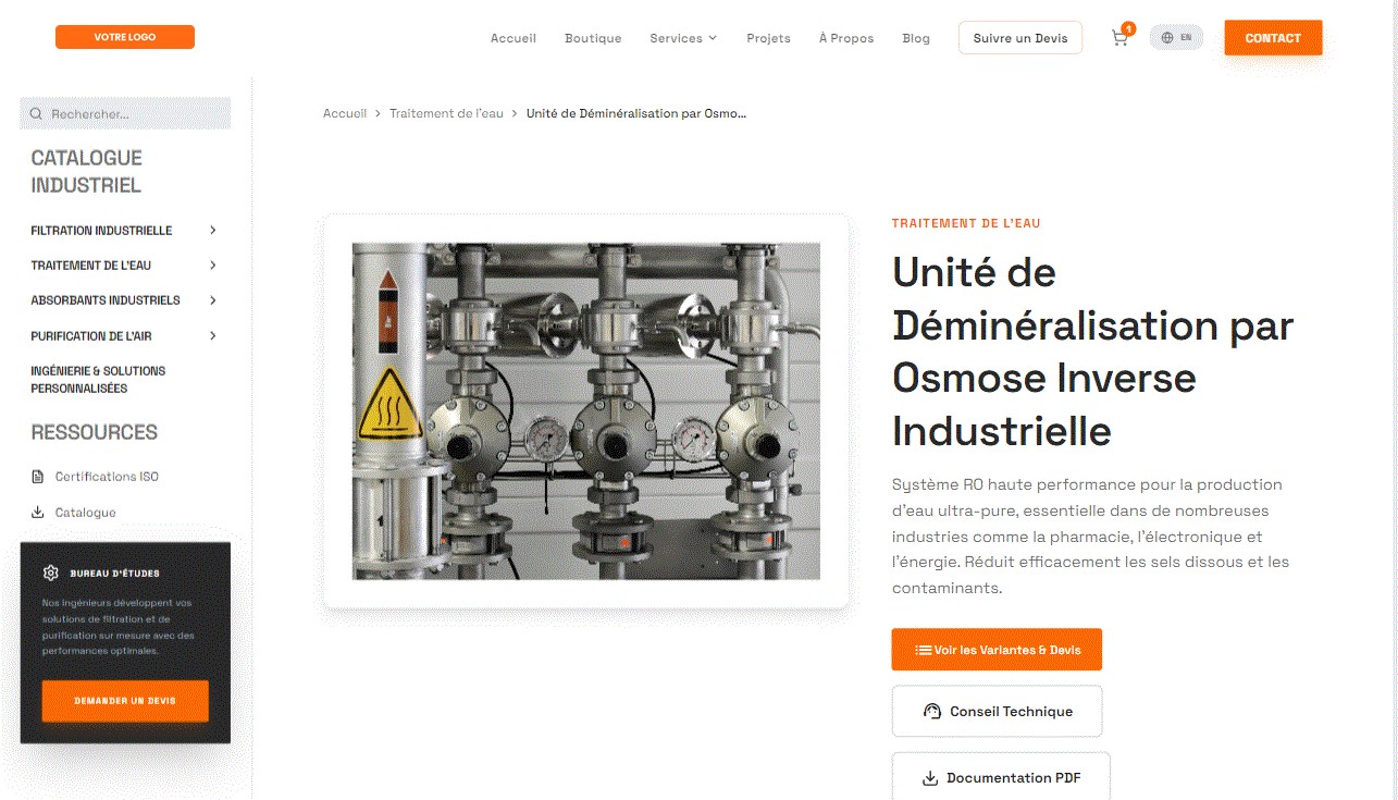Fiche produit d’un site conçu pour une entreprise industrielle