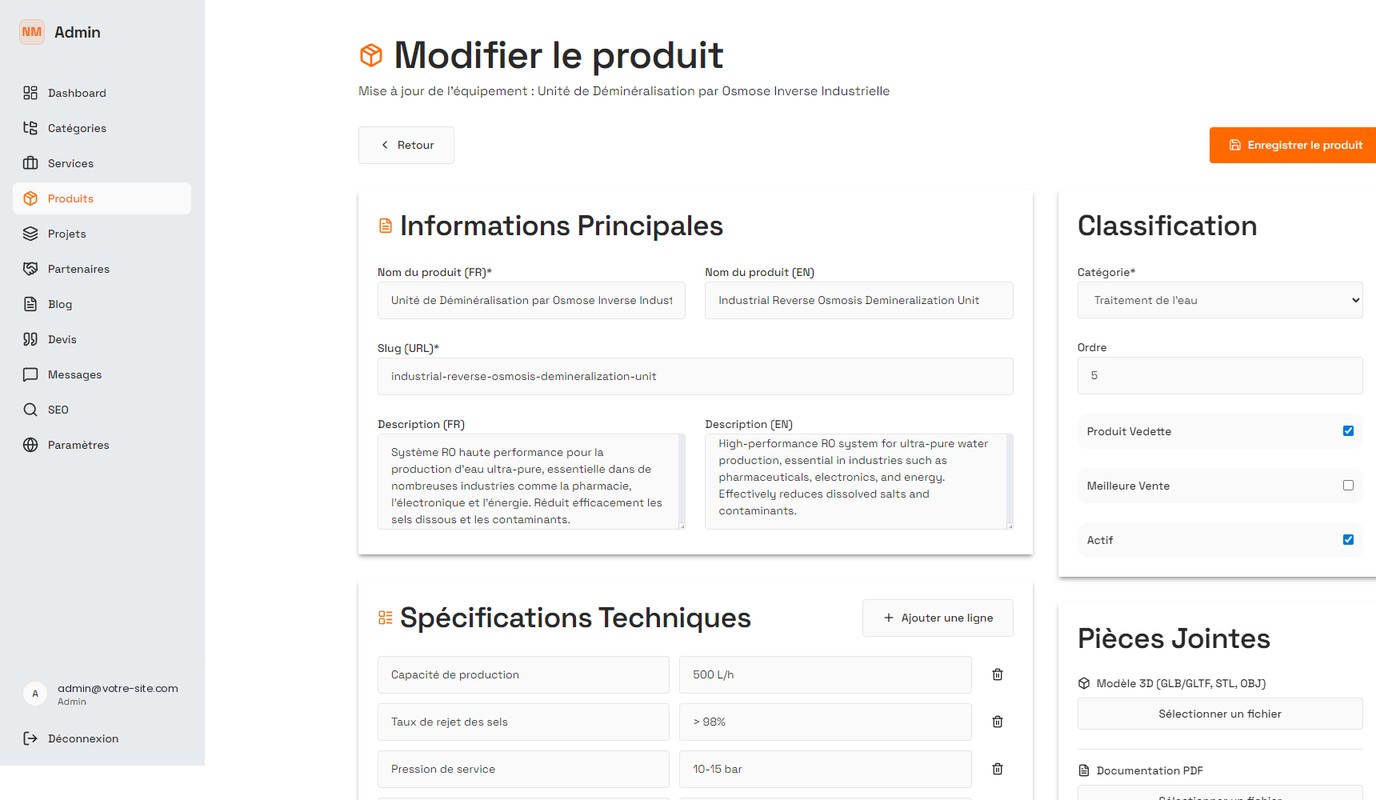 Tableau de bord : modification d’une fiche produit avec ses informations, sa catégorie et ses spécifications